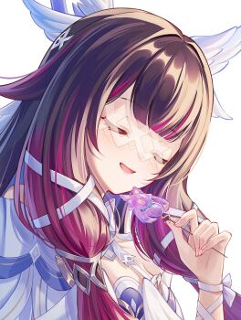 1girl bare_shoulders black_hair blush candy closed_eyes columbina_(genshin_impact) commentary_request fingernails food genshin_impact hair_ornament hand_up highres holding holding_candy holding_food long_hair long_sidelocks multicolored_hair open_mouth purple_hair sidelocks simple_background solo upper_body very_long_hair white_background wing_hair_ornament yuno_kaihara