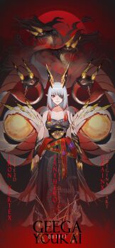 Rule 34 | 1girl, absurdres, ahoge, asymmetrical gloves, bare shoulders, black dress, black nails, breasts, claws, dress, eyepatch, fangs, forked tongue, general geega, gloves, gradient hair, grey hair, highres, horns, indie virtual youtuber, janyhero, large breasts, long hair, multicolored hair, nioh, open mouth, pointy ears, red eyes, red hair, slit pupils, snake, tongue, two-tone hair, virtual youtuber