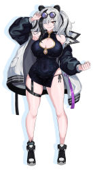 1girl ankle_boots arknights boots breasts china_dress chinese_clothes cleavage cleavage_cutout clothing_cutout coat dress eyewear_on_head feater_(arknights) full_body grey_hair hair_over_one_eye hella_p highres jacket lace-up_boots large_breasts multicolored_coat multicolored_hair multicolored_jacket panda panda_girl panties red_eyes round_eyewear side-tie_panties single_tooth skindentation solo streaked_hair sunglasses two-tone_coat two-tone_jacket underwear white_background
