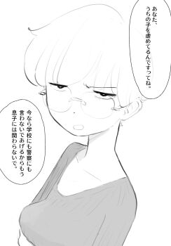 1girl breasts collarbone commentary_request glasses greyscale highres mature_female monochrome nicora original short_hair simple_background small_breasts translated v-neck white_background