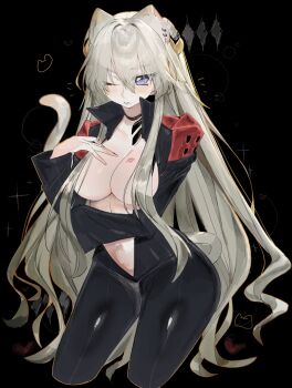 1girl alternate_species animal_ears black_choker blonde_hair blue_eyes blush bodysuit breasts cat_ears cat_girl cat_tail choker cleavage code_geass code_geass:_boukoku_no_akito cone_hair_bun earrings hair_bun hair_ornament highres jewelry large_breasts leila_malcal lipstick_mark long_hair looking_at_viewer open_clothes purple_eyes solo tail thighhighs usa37107692 very_long_hair