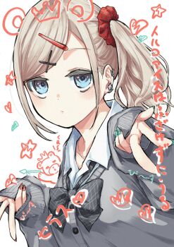 1girl alternate_costume animal_ears bear bear_ears black_bow black_bowtie blue_eyes bow bowtie cardigan ceras_yanagida_lilienfeld chain chain_necklace character_name closed_mouth collarbone collared_shirt commentary drawn_crown drawn_ears dress_shirt grey_cardigan grey_hair gyaru hair_ornament hairclip heart heisei_gals!!!!_(love_live!) highres jewelry kogal link!_like!_love_live! looking_at_viewer love_live! lyrics mendo_(mend0o0) necklace plaid_bow plaid_bowtie plaid_clothes shirt side_ponytail solo spoken_heart translation_request upper_body virtual_youtuber white_shirt x_hair_ornament