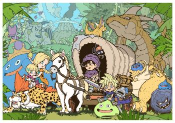 2boys 2girls animal arm_up armlet azito7 belt bianca_(dq5) black_hair blonde_hair blue_cape blue_eyes blue_sky blush boots borongo bow bracelet braid brother_and_sister buorn cape carriage cloak dracky dragon_quest dragon_quest_v dress family father_and_daughter father_and_son food fruit full_body grass great_dragon great_sabrecat green_bow green_dress hair_bow hand_on_another's_shoulder healslime hero's_daughter_(dq5) hero's_son_(dq5) hero_(dq5) highres holding holding_food holding_fruit holding_reins holding_sword holding_weapon horse husband_and_wife imp_(dragon_quest) jewelry king_slime_(dragon_quest) liquid_metal_slime_(dq) long_hair looking_at_another low_ponytail minidemon mother_and_daughter mother_and_son multiple_boys multiple_girls nature neck_ribbon open_mouth orange_cape outdoors pear pink_cape ponytail purple_cape purple_cloak purple_turban reins ribbon riding riding_animal rockbomb short_hair siblings single_braid sitting sky slime_(dragon_quest) slime_knight small_fry_(dragon_quest) spiked_hair sword tree tunic twins volcano weapon white_dress white_tunic