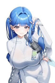 1girl absurdres arcana_(nikke) blue_eyes blue_hair blush breast_zipper breasts card claws closed_mouth dress ear_piercing earrings flower_hairpin full-length_zipper goddess_of_victory:_nikke grey_eyes hair_intakes hair_ornament highres jewelry large_breasts long_hair long_sleeves looking_at_viewer moragon584 nightgown one_side_up piercing silver_nails simple_background smile solo tarot tarot_card tight_clothes tight_dress turtleneck turtleneck_dress very_long_hair white_background white_dress white_nightgown zipper zipper_dress