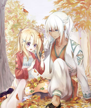 1boy 1girl autumn autumn_leaves black_shoes blonde_hair blue_eyes blue_ribbon bokujou_monogatari bokujou_monogatari:_youkoso!_kaze_no_bazaar_e collarbone cropped_jacket crossed_bangs curtained_hair dark-skinned_male dark_skin day falling_leaves flats floral_print_hat floral_print_jacket full_body hair_between_eyes hair_ornament hair_ribbon half_updo hand_on_another&#039;s_head haruka_(bokujou_monogatari) hat hat_feather highres holding holding_leaf jacket karakuri_mai knee_up leaf leaf_on_head long_hair long_sleeves looking_at_another looking_at_object mary_janes no_headwear orange_shirt outdoors pants parted_bangs patterned_clothing pectoral_cleavage pectorals pink_jacket ponytail puffy_pants purple_eyes ribbon sheep_print shirt shoes sidelocks sitting sleeve_cuffs three-quarter_sleeves tree unworn_hat unworn_headwear white_jacket white_pants white_ribbon white_shirt x_hair_ornament yurisu_(bokujou_monogatari)