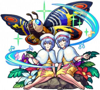 2girls antennae artist_request aura ayanami_rei blue_eyes blue_hair clone cosplay cross_promotion crossover dual_persona energy flower flying fur_trim gainax giant giant_monster glowing glowing_eyes godzilla_(series) hat japanese_text kaiju khara_(animation_studio) mandibles mixi monster monster_strike mothra mothra_vs._godzilla multiple_crossover multiple_girls music neon_genesis_evangelion no_pupils official_art open_mouth rebuild_of_evangelion red_eyes shobijin shobijin_(cosplay) short_hair simple_background singing skirt sparkle spirit toho transparent_background wings