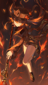 1girl absurdres black_hat black_shoes black_shorts brown_hair brown_shirt bug butterfly coattails commentary_request fire floating floating_hair flower flower-shaped_pupils full_body genshin_impact hair_between_eyes hat highres holding holding_polearm holding_weapon hu_tao_(genshin_impact) insect leg_up long_hair long_sleeves looking_at_viewer nail_polish plum_blossoms polearm porkpie_hat puranetto_(vjun4748) red_eyes shirt shoes shorts smile socks solo staff_of_homa_(genshin_impact) symbol-shaped_pupils tailcoat twintails weapon white_socks