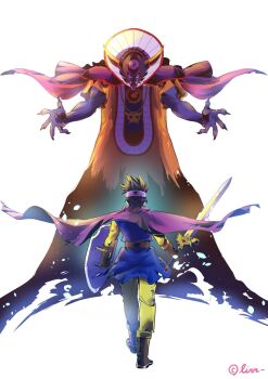 Rule 34 | 2boys, asymmetrical dual wielding, blue skin, blue tunic, boots, brown boots, brown gloves, brown hair, cape, circlet, colored skin, commentary request, dragon quest, dragon quest iii, dual wielding, erdrick's sword, fake horns, fingernails, floating cape, floating clothes, floating hair, from behind, gem, gloves, glowing, glowing eyes, height difference, helmet, hero (dq3), highres, holding, holding shield, holding sword, holding weapon, horned helmet, horns, imminent fight, jewelry, long fingernails, looking at another, male focus, monster, multiple boys, necklace, open mouth, orange robe, pants, purple cape, red cape, red eyes, red gem, robe, roto (dq3), sharp fingernails, sharp teeth, shey93735903, shield, short hair, silver circlet, skull necklace, spiked hair, sword, teeth, third eye, torn clothes, triclops, tunic, weapon, white background, yellow horns, yellow pants, yellow sleeves, zoma