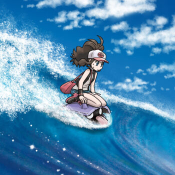 1girl artist_request bag baseball_cap black_boots black_vest blue_eyes blue_shorts blue_sky boots brown_hair closed_mouth commentary_request day denim denim_shorts eyelashes gen_1_pokemon handbag hat hilda_(pokemon) long_hair nintendo official_art open_clothes open_vest outdoors pink_bag poke_ball_print pokemon pokemon_(creature) pokemon_bw ponytail riding riding_pokemon second-party_source shellder shirt shorts sidelocks sky sleeveless sleeveless_shirt sparkle surf_(pokemon) sweat tongue tongue_out v-shaped_eyebrows vest water waves white_hat white_shirt
