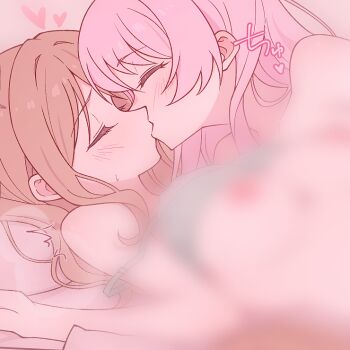 2girls bang_dream! bang_dream!_it's_mygo!!!!! blue_bra bra bra_lift brown_hair censored chihaya_anon closed_eyes clothes_lift commentary_request e20 heart kiss long_hair multiple_girls nagasaki_soyo nipples paid_reward_available partial_commentary pink_hair sidelocks strap_slip underwear yuri