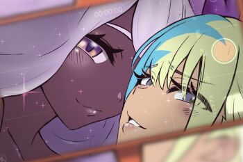 2girls blurry blush canari_(pokemon) catmito1412 closed_mouth commentary_request dark-skinned_female dark_skin depth_of_field eyelashes grey_eyes hair_between_eyes highres jacinthe_(pokemon) looking_at_viewer looking_to_the_side multicolored_hair multiple_girls nintendo phone pokemon pokemon_legends:_z-a purple_eyes purple_hair smile sparkle taking_picture teeth two-tone_hair