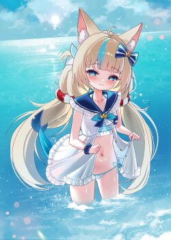 1girl ahoge animal_ear_fluff animal_ears bikini bikini_under_clothes blonde_hair blue_eyes blurry blush bokeh bubble cat_ears cloud commentary curled_fingers day depth_of_field dress fins fish_tail highres indie_virtual_youtuber innertube_hair_ornament lifebuoy_hair_ornament light_particles long_hair looking_at_viewer low_twintails multicolored_hair navel ocean open_clothes open_dress outdoors sameko_saba satsumikiss scrunchie side-tie_bikini_bottom simple_bird sky sleeveless sleeveless_dress smile solo stomach streaked_hair striped_bikini striped_clothes swimsuit symbol-only_commentary tail thighs twintails unbuttoned_dress virtual_youtuber wading water white_dress wrist_scrunchie