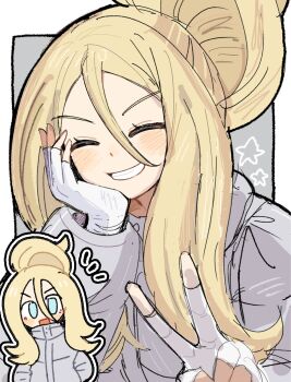 1girl :d blonde_hair blue_eyes chibi chibi_inset coat fingerless_gloves gloves hair_between_eyes han0579 highres korrina_(pokemon) long_bangs long_hair long_sleeves multiple_views nintendo open_mouth pokemon pokemon_legends:_z-a smile v white_coat white_gloves
