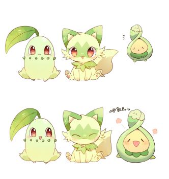 animal_focus budew cat chikorita closed_eyes closed_mouth commentary full_body gen_2_pokemon gen_4_pokemon green_fur heart highres leaf nintendo no_humans open_mouth pokemon pokemon_(creature) pokemon_focus red_eyes simple_background sitting smile sprigatito tongue tongue_out white_background yupo_0322
