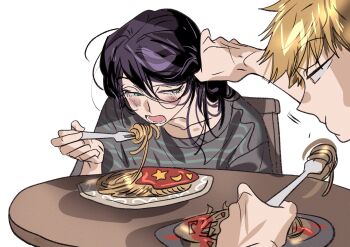 1boy 1girl black_hair blonde_hair blush busuttt chainsaw_man chair chewing closed_eyes denji_(chainsaw_man) eating food green_eyes hair_lift hand_up highres holding_another&#039;s_hair lower_teeth_only open_mouth out_of_frame pasta reze_(chainsaw_man) shirt simple_background sitting spaghetti striped_clothes striped_shirt table teeth white_background wooden_chair wooden_table yellow_eyes