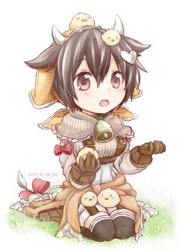 1girl animal animal_on_head animal_on_lap baby_animal bandana bell belt bird breasts brown_eyes brown_hair brown_thighhighs capelet chibi chick clothes_around_waist collar cow_girl cow_horns cow_tail emil_chronicle_online green_collar hair_ornament heart heart_hair_ornament holding holding_animal horns jacket jacket_around_waist large_breasts meadow momo_alma neck_bell on_head on_lap open_mouth orange_bandana orange_jacket seiza shirt shorts sitting solo striped_capelet striped_clothes striped_shirt tail thighhighs two_side_up white_background white_capelet white_shirt white_shorts yukimise_(hamuhamu)