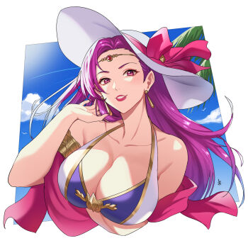 1girl alternate_costume bare_shoulders bikini blue_sky breasts brunnya_(fire_emblem) circlet cleavage cloud collarbone commentary earrings english_commentary fire_emblem fire_emblem:_the_binding_blade hat highres jewelry large_breasts lipstick long_hair looking_at_viewer makeup nintendo open_mouth outdoors palm_tree pink_eyes purple_eyes purple_hair purple_lips shawl sky smile solo sun_hat swimsuit tree upper_body white_bikini zedoraart