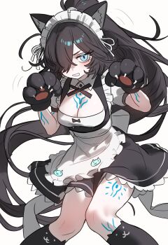 1girl absurdres alternate_costume animal_ear_fluff animal_ears animal_hands apron black_dress black_hair black_socks blue_eyes blush body_markings breasts cat_ears cat_girl cleavage cleavage_cutout clothing_cutout dark_kasli_(nyanko_daisensou) dress ebora enmaided framed_breasts frilled_apron frilled_dress frills gloves hair_over_one_eye hands_up highres kasli_(nyanko_daisensou) kneehighs knees_together_feet_apart long_hair looking_at_viewer maid maid_apron maid_headdress markings medium_breasts motion_lines nyanko_daisensou open_mouth pale_skin paw_gloves short_sleeves simple_background skirt socks solo waist_apron white_apron white_background