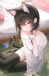 Rule 34 | 1girl, absurdres, animal ears, bed, bell, black collar, black hair, black thighhighs, blanket, blush, book, can, canned food, cat ears, cat girl, cat tail, cat teaser, cheese, clenched hand, closed mouth, collar, collarbone, e name, eyelashes, fang, fingernails, fish, floor, food, hair between eyes, highres, indoors, long hair, looking at viewer, loose clothes, loose shirt, monster girl, nail polish, neck bell, on floor, original, oversized clothes, pillow, pink ribbon, red eyes, red nails, ribbon, shirt, sidelocks, single bare shoulder, sitting, solo, solo focus, tail, tail ornament, tail ribbon, thighhighs, toy, white shirt, wooden floor, yarn, yarn ball