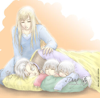 Rule 34 | 1girl, 3boys, aged down, blanket, blonde hair, brothers, capcom, dante (devil may cry), devil may cry (series), eva (devil may cry), family, family bonding, father and son, mother and son, multiple boys, non-web source, pillow, saliva, siblings, silver hair, sleeping, sparda, vergil (devil may cry)