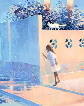 1girl bag black_slippers brown_hair bush cat commentary dark-skinned_female dark_skin dated_commentary day double_bun from_side full_body hair_bun hand_on_wall handbag holding holding_bag loika long_hair long_sleeves looking_ahead middle_eastern_architecture miniskirt original outdoors puddle rain shirt sidewalk skirt slippers solo three-quarter_sleeves tile_floor tiles watermark wavy_hair white_bag white_cat white_shirt white_skirt white_sleeves wide_sleeves