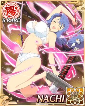 1girl :d blue_hair bouncing_breasts bra breasts card_(medium) cleavage closed_eyes fighting_stance fishing_rod game_cg holding holding_fishing_rod holding_sword holding_weapon large_breasts long_hair midair nachi_(senran_kagura) navel non-web_source official_alternate_costume official_art open_mouth panties senran_kagura senran_kagura_new_wave skindentation smile solo sword underwear weapon white_bra white_panties