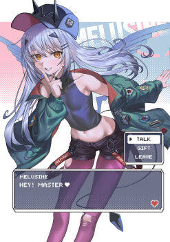 1girl absurdres bare_shoulders baseball_cap black_hat black_shirt black_shorts breasts english_text fate/grand_order fate_(series) forked_eyebrows green_jacket grin hat highres jacket jewelry long_hair long_sleeves looking_at_viewer melusine_(fate) melusine_(over_the_same_sky)_(fate) midriff navel necklace pantyhose pink_pantyhose shirt short_shorts shorts sidelocks sleeveless sleeveless_shirt small_breasts smile solo thighs white_hair yellow_eyes zero_yee