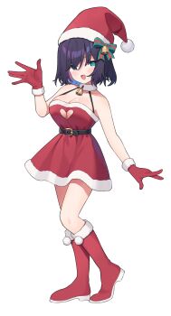 1girl :d bare_shoulders bell belt belt_buckle black_belt black_hair blue_eyes blue_hair boots bow breasts buckle cleavage cleavage_cutout clothing_cutout commentary_request dress fur-trimmed_boots fur-trimmed_dress fur-trimmed_gloves fur-trimmed_headwear fur_trim gloves green_bow hair_over_one_eye hand_up hat heart_cutout highres medium_breasts multicolored_hair neck_bell nirareba open_mouth original red_boots red_dress red_gloves santa_costume santa_hat simple_background smile solo standing striped_bow two-tone_hair white_background