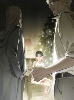 3boys beard belt black_belt blonde_hair brothers brown_hair christmas_tree coat collared_shirt eren_yeager facial_hair gag glasses grey_coat grey_pants hair_between_eyes hand_in_pocket highres improvised_gag levi_(shingeki_no_kyojin) long_hair looking_at_another male_focus multiple_boys naked_ribbon pants parted_bangs parted_lips red_ribbon restrained ribbon senkawaakatsuki shingeki_no_kyojin shirt short_hair siblings tape tape_gag white_shirt yaoi zeke_yeager