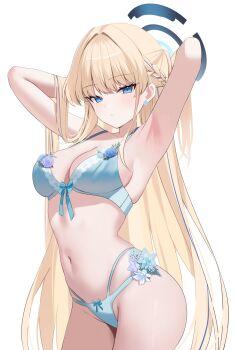 1girl absurdres armpits arms_behind_head arms_up blonde_hair blue_archive blue_bra blue_eyes blue_hair blue_panties bra braid breasts cleavage commentary expressionless front-tie_bra half_up_braid halo highres lingerie long_hair looking_at_viewer medium_breasts multi-strapped_panties multicolored_hair nannung navel panties simple_background solo stomach streaked_hair symbol-only_commentary toki_(blue_archive) underwear underwear_only very_long_hair white_background