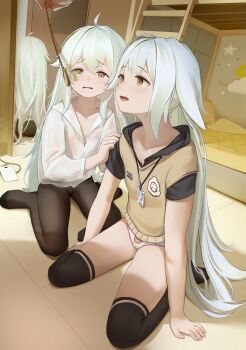 1boy 2girls @_@ absurdres akifn black_pantyhose black_thighhighs borrowed_character fingernails flat_chest hetero highres hypnosis id_card loli long_hair mind_control mole mole_under_eye multiple_girls nipples original panties pantyhose pendulum scp_foundation see-through_clothes shirt sitting thighhighs thighs underwear wariza white_hair white_panties white_shirt yellow_eyes