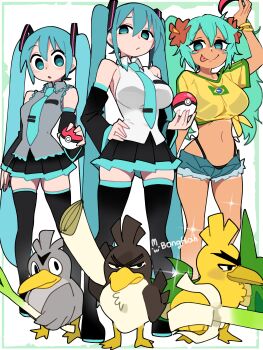 3girls :p absurdres aqua_eyes aqua_hair aqua_necktie black_boots black_thighhighs bongftah boots brazilian_flag brazilian_miku breasts commentary_request crossover dark-skinned_female dark_skin evolutionary_line farfetch&#039;d food galarian_farfetch&#039;d galarian_form gen_1_pokemon gen_8_pokemon grey_shirt hatsune_miku highres holding holding_food holding_poke_ball holding_spring_onion holding_vegetable large_breasts long_hair looking_at_viewer midriff multiple_girls multiple_persona navel necktie nintendo poke_ball poke_ball_(basic) pokemon pokemon_(creature) shirt sirfetch&#039;d spring_onion standing tan thigh_boots thighhighs tongue tongue_out twintails vegetable very_long_hair vocaloid white_shirt yellow_shirt zettai_ryouiki
