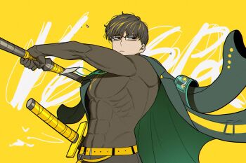 Rule 34 | 1boy, arm up, black eyes, black pants, black shirt, blonde streaks, coat, coat on shoulders, commentary request, green coat, highres, id card, korean commentary, limbus company, long sleeves, looking to the side, male focus, misg1111, pants, project moon, shirt, simple background, skin tight, solo, upper body, vespa crabro, yellow background