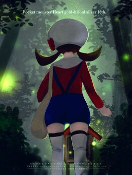 1girl absurdres blue_overalls bow brown_hair commentary_request english_text forest from_behind hat hat_bow highres hokora_(shrine) ilex_forest in-universe_location long_hair lyra_(pokemon) nature newsboy_cap nintendo outdoors overalls pokemon pokemon_hgss red_shirt shirt shrine star_dr0p thighhighs tree twintails white_hat white_thighhighs yellow_bag