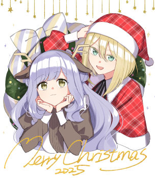 2025 2girls blonde_hair blue_hair bob_cut capelet closed_mouth commentary english_commentary green_eyes hair_between_eyes hat head_rest highres inverted_bob long_hair long_sleeves looking_at_viewer medium_hair merry_christmas multiple_girls open_mouth plaid_capelet plaid_clothes plaid_hat red_capelet santa_hat tayutau_koi_no_chiri_sai_ni upper_body white_background yellow_eyes yuama