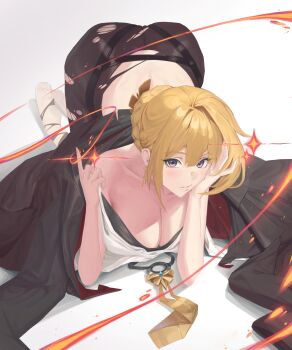 1girl absurdres barefoot black_coat blonde_hair breasts brown_pantyhose cleavage coat collarbone commentary earrings english_commentary evelyn_chevalier fire head_rest highres index_finger_raised jewelry large_breasts looking_at_viewer mangsik mole mole_under_eye necktie no_gloves pantyhose parted_lips purple_eyes shirt shirt_partially_removed simple_background single_bare_shoulder solo sparkle string torn_clothes torn_pantyhose unworn_coat unworn_necktie white_background white_shirt yellow_necktie zenless_zone_zero