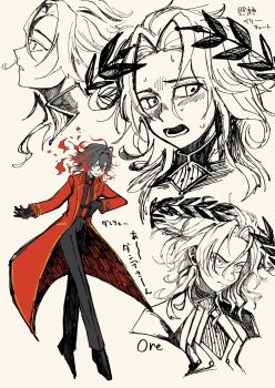 1boy black_hair blush coat cosplay crown curly_hair dante_(limbus_company) dante_(limbus_company)_(cosplay) dante_alighieri_(fate) dante_alighieri_(third_ascension)_(fate) fate/grand_order fate_(series) fiery_hair floating_crown frown goma1021 grey_background grey_eyes highres laurel_crown limbus_company male_focus medium_hair multicolored_hair multiple_views necktie open_mouth pants partially_colored project_moon red_hair shirt shoes simple_background smile solo_focus sweat two-tone_hair