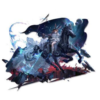 Rule 34 | 1girl, absurdres, adjusting clothes, adjusting collar, amiya (arknights), amiya (guard) (arknights), amiya (guard) (in a myriad of universes) (arknights), animal ears, arknights, armor, armored dress, asymmetrical legwear, belt, black bow, black skirt, blue bow, blue collar, blue eyes, boots, bow, bracelet, brown hair, closed mouth, collar, crescent, crescent moon, cuisses, dress, earrings, eight-pointed star, footwear bow, four-pointed star, frilled dress, frills, full body, galaxy, gauntlets, glowing, glowing sword, glowing weapon, greaves, hair ribbon, helmet, highres, holding, holding sword, holding weapon, horseback riding, infection monitor (arknights), jewelry, knee boots, layered skirt, long dress, long hair, long sidelocks, looking at viewer, mechanical horse, mismatched legwear, moon, multiple moons, multiple rings, necklace, night, non-humanoid robot, official alternate costume, official art, outdoors, overskirt, pauldrons, pillar, pleated skirt, rabbit ears, rabbit girl, ribbon, riding, ring, robot, robot animal, rubble, sabaton, shoulder armor, sidelocks, silver belt, silver bracelet, silver necklace, single armored boot, single couter, single earring, single gauntlet, single greave, single pauldron, single vambrace, skirt, sky, solo, star (sky), star (symbol), star earrings, starry sky, sword, thigh strap, third-party source, tilted headwear, transparent background, vambraces, weapon, white boots, white bow, white dress, white ribbon, white skirt, yyb