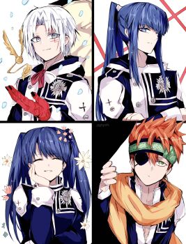 1girl 3boys allen_walker black_coat black_jacket black_nails black_order_uniform blue_eyes blue_hair closed_eyes coat collared_jacket colored_extremities colored_skin creature cross crossed_arms curtains d.gray-man earrings emblem eyepatch facial_mark facing_viewer flower forehead_mark front_zipper golem_(d.gray-man) green_eyes green_headband grey_eyes hair_between_eyes hair_ribbon hand_on_own_chin headband high_ponytail highres hood hood_down hooded_coat jacket jewelry kanda_yuu lavi lenalee_lee light_smile long_hair looking_at_viewer messy_hair multicolored_coat multiple_boys neckerchief one_eye_covered orange_hair orange_scarf parted_lips pink_flower ponytail puzzle_piece red_neckerchief red_ribbon red_skin ribbon scar scar_across_eye scar_on_face scarf shirt short_hair sidelocks signature simple_background smile snow snowing sodamachi spiked_hair split_screen star_(symbol) star_facial_mark striped_clothes striped_coat striped_headband striped_jacket stud_earrings tail timcanpy twintails twitter_username two-tone_coat vertical-striped_clothes vertical-striped_coat vertical-striped_jacket very_long_hair white_background white_coat white_flower white_hair white_ribbon white_shirt wings zipper
