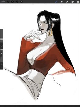 1girl 29djoe1 art_program_in_frame black_hair boa_hancock breasts cleavage closed_mouth commentary_request earrings eyelashes highres jewelry korean_commentary long_hair long_sleeves one_piece red_shirt shirt sidelocks sitting snake_earrings solo unfinished