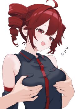 1girl ahoge black_shirt black_sleeves commentary_request detached_sleeves drill_hair grabbing_another&#039;s_breast groping highres inami_(x_spidekawaii_x) kasane_teto open_mouth red_eyes red_hair shirt simple_background smile solo sweatdrop twin_drills upper_body utau white_background