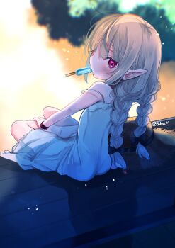 1girl amana_raika backlighting bare_shoulders black_bow black_ribbon blunt_bangs blush bow bracelet braid dress eating food from_behind grey_hair hair_ribbon hat hat_bow highres jewelry lace_trim long_hair looking_at_viewer looking_back low_twin_braids makaino_ririmu makaino_ririmu_(3rd_costume) mouth_hold multicolored_hair nijisanji on_floor pointy_ears popsicle red_eyes red_hair ribbon shade sidelocks sitting sleeveless sleeveless_dress solo strap_slip straw_hat streaked_hair sundress sweat tatami twin_braids twitter_username unworn_hat unworn_headwear veranda virtual_youtuber white_dress wooden_floor