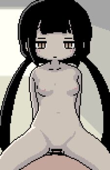 1boy 1girl akai_(ugokashitari) animated animated_gif bar_censor black_hair breasts brown_eyes censored commentary_request completely_nude cowgirl_position cum cum_in_pussy cum_overflow excessive_cum expressionless girl_on_top hetero inabakumori lagtrain_(vocaloid) loli long_hair looping_animation nude osage_(nukunuku_nigirimeshi) pixel_art sex small_breasts smile solo_focus straddling twintails vaginal