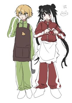 Rule 34 | 1boy, 1girl, animal print, apron, arm at side, bird print, black apron, black hair, blonde hair, blush stickers, commentary request, double bun, frilled apron, frills, full-length zipper, full body, green sleeves, green track suit, hair bun, hand up, heart, heart hands, heart in heart hands, highres, holding, holding ladle, jia xichun (project moon), korean commentary, korean text, ladle, limbus company, long hair, looking at viewer, multicolored hair, open mouth, pink eyes, project moon, red sleeves, red track suit, riri5650b, sinclair (project moon), sketch, sleeves past fingers, sleeves past wrists, socks, standing, streaked hair, track suit, translation request, tsurime, twintails, waist apron, white apron, white background, white hair, white socks, white trim, yellow eyes, zipper, zipper pull tab