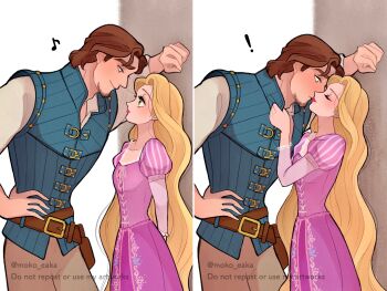 ! 1boy 1girl absurdres beard belt blonde_hair blue_vest blush breasts brown_belt brown_hair closed_eyes clothes_grab collar_grab couple cowboy_shot dress facial_hair flynn_rider green_eyes grey_pants hair_slicked_back hand_on_own_hip hetero highres juliet_sleeves kabedon kiss light_smile long_hair long_sleeves looking_at_another medium_breasts moko_eaka musical_note neckwear_grab pants pink_dress pink_lips puffy_sleeves rapunzel_(disney) shirt short_hair tangled twitter_username very_long_hair vest white_shirt wide-eyed