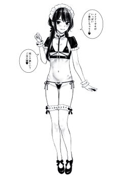 1girl bikini blood_alone blush commentary_request crop_top flat_chest full_body greyscale highres long_hair looking_at_viewer maid maid_headdress micro_bikini misaki_minato monochrome side-tie_bikini_bottom simple_background skirt smile solo swimsuit takano_masayuki thighhighs translation_request