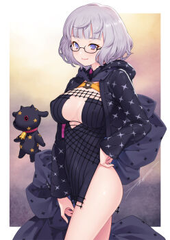 1girl baby_animal black_dress blush breasts cleavage cropped_jacket dress fate/grand_order fate_(series) glasses grey_hair highres hood hooded_jacket jacket jacques_de_molay_(foreigner)_(fate) jacques_de_molay_(foreigner)_(second_ascension)_(fate) kazuma_muramasa lamb large_breasts long_sleeves sheep smile thighs