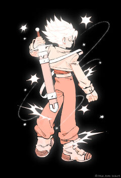 Rule 34 | 1boy, commentary, denim, denim jacket, dragon ball, dragonball z, highres, holding, holding sword, holding weapon, jacket, jaga aimo, male focus, scabbard, sheath, solo, spiked hair, super saiyan, super saiyan 1, sword, trunks (dragon ball), trunks (future) (dragon ball), untranslatable commentary, weapon