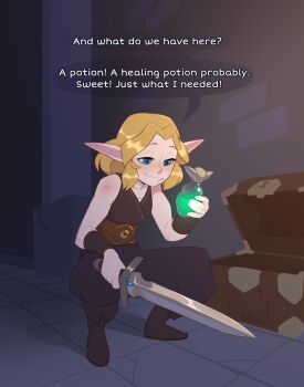 1girl black_pants blonde_hair blue_eyes elf english_text highres huffslove original pants pointy_ears potion smile solo squatting sword syllia_(huffslove) treasure_chest weapon