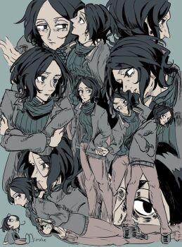 Rule 34 | 1boy, arms around self, black eyes, black hair, black shoes, blue background, brown pants, chibi, clothes lift, coat, coat guy (no i'm not a human), commentary request, f1r9slq, green sweater, grey coat, hand in pocket, hand on own stomach, hole in stomach, male focus, medium hair, multiple views, no i'm not a human, open clothes, open coat, pants, parted hair, piercing hole, shoes, simple background, sitting, sketch, standing, sweater, sweater lift, turtleneck, turtleneck sweater